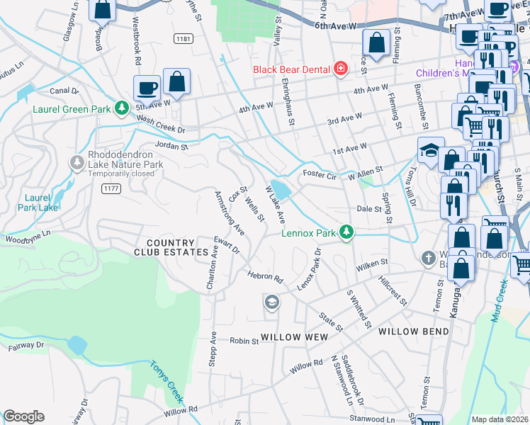 map of restaurants, bars, coffee shops, grocery stores, and more near 108 West Lake Avenue in Hendersonville