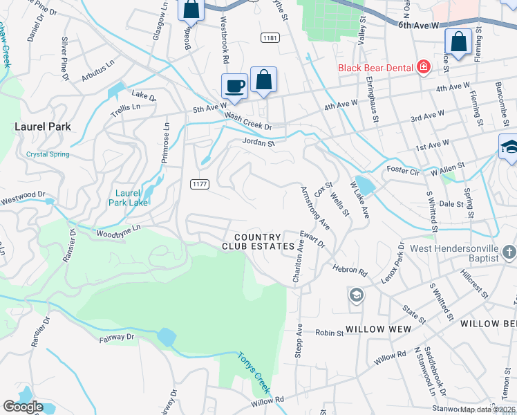 map of restaurants, bars, coffee shops, grocery stores, and more near 308 Seneca Boulevard in Hendersonville