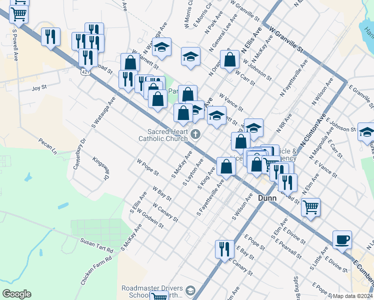 map of restaurants, bars, coffee shops, grocery stores, and more near 210 South McKay Avenue in Dunn