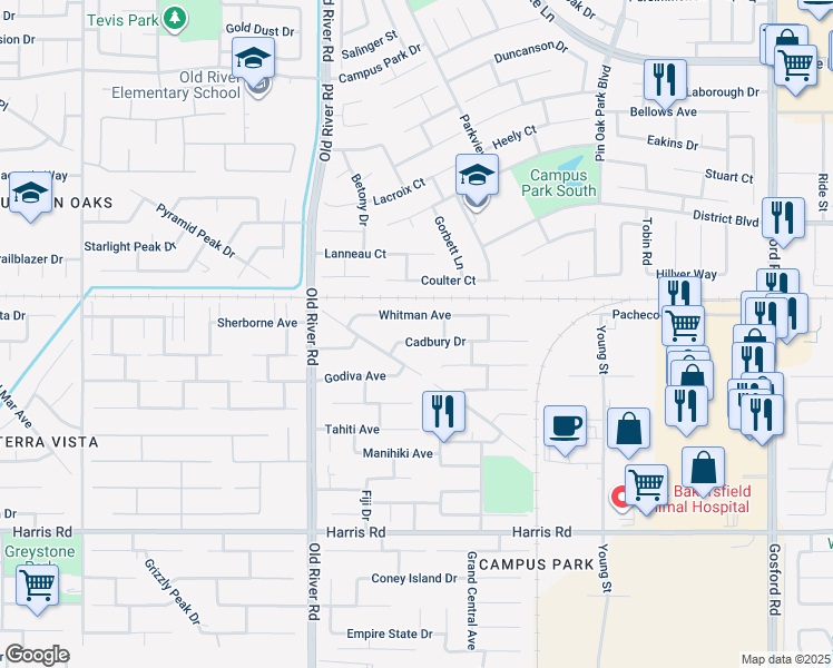 map of restaurants, bars, coffee shops, grocery stores, and more near 9320 Cadbury Drive in Bakersfield