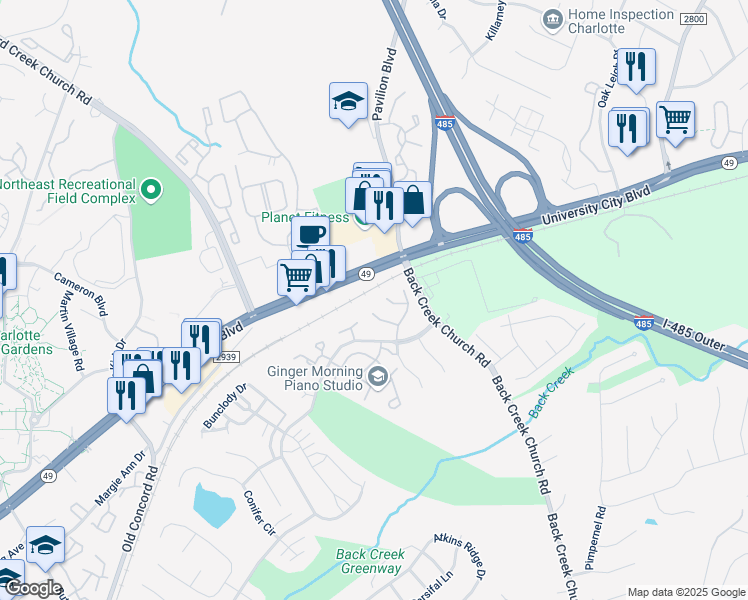 map of restaurants, bars, coffee shops, grocery stores, and more near 8301 Forest Side Ln in Charlotte