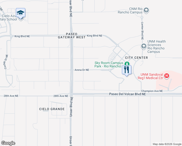 map of restaurants, bars, coffee shops, grocery stores, and more near 2122 Arena Drive Northeast in Rio Rancho
