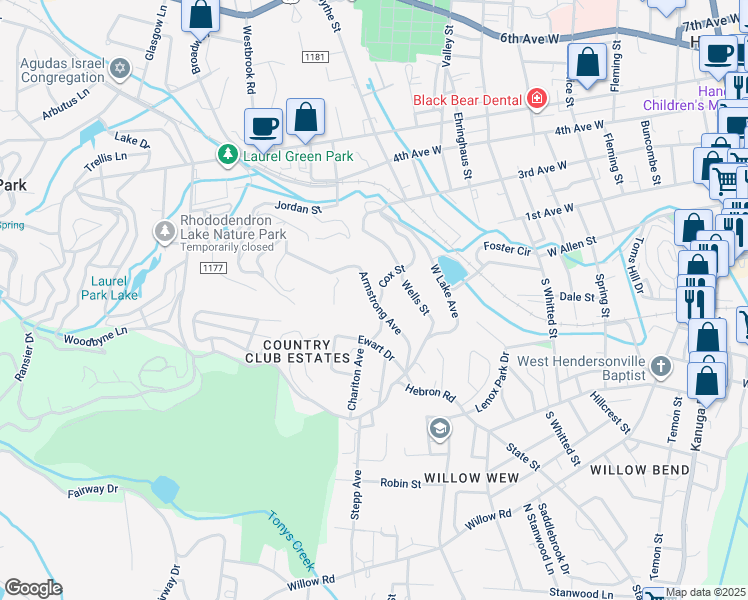 map of restaurants, bars, coffee shops, grocery stores, and more near 408 Armstrong Avenue in Hendersonville
