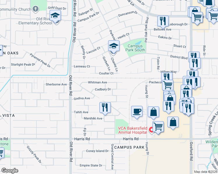 map of restaurants, bars, coffee shops, grocery stores, and more near 9214 Cadbury Drive in Bakersfield