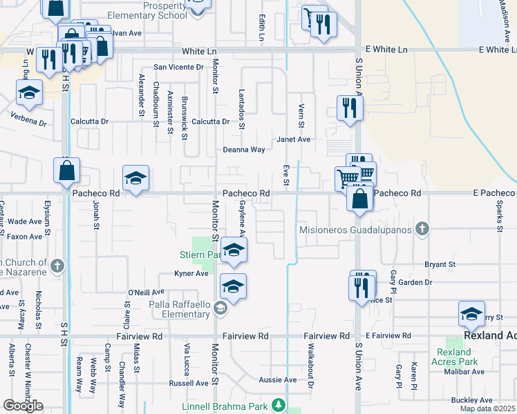 map of restaurants, bars, coffee shops, grocery stores, and more near 651 Pacheco Road in Bakersfield