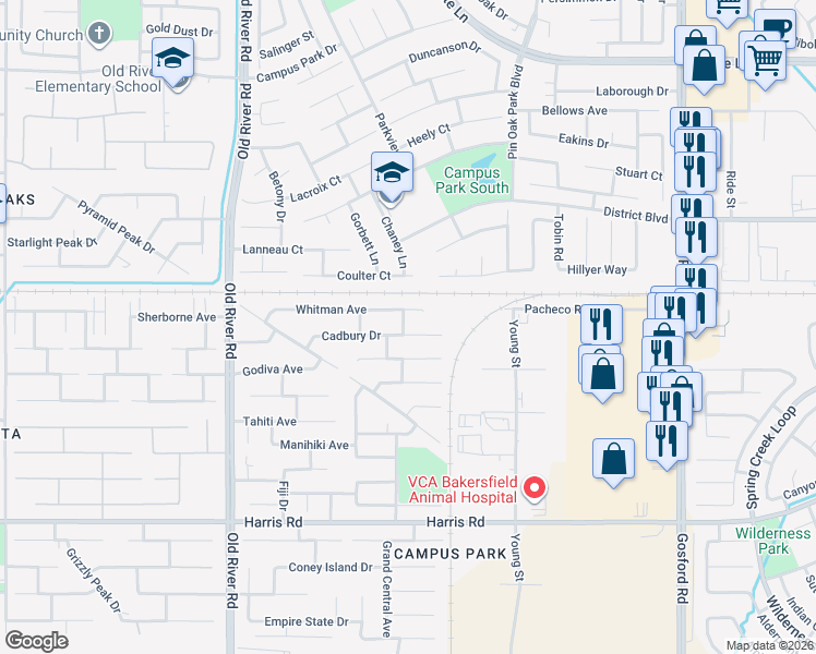 map of restaurants, bars, coffee shops, grocery stores, and more near 9009 Whitman Avenue in Bakersfield