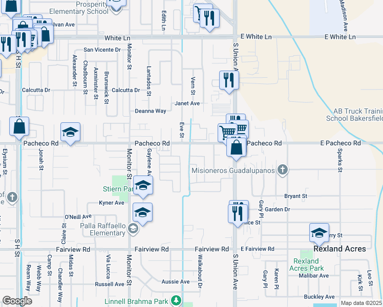 map of restaurants, bars, coffee shops, grocery stores, and more near 401 Pacheco Road in Bakersfield