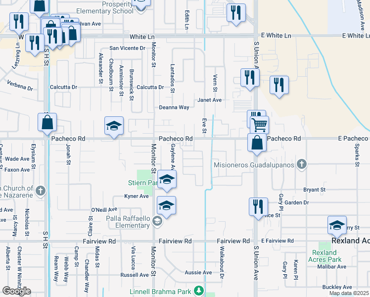 map of restaurants, bars, coffee shops, grocery stores, and more near 651 Pacheco Road in Bakersfield