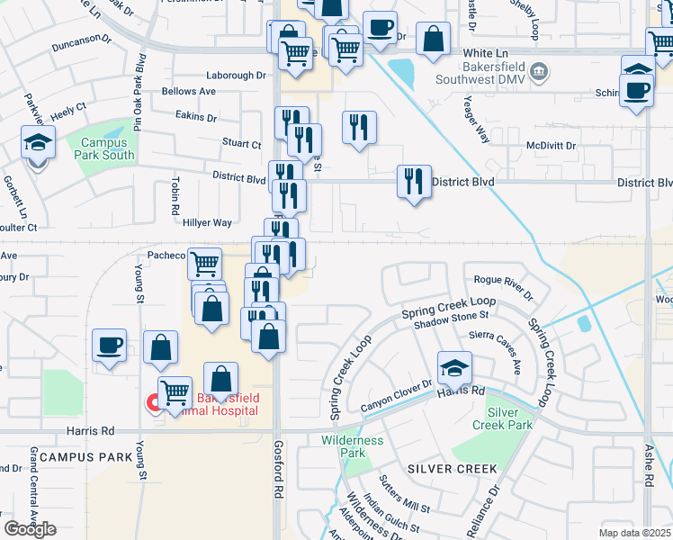 map of restaurants, bars, coffee shops, grocery stores, and more near 4930 Gosford Road in Bakersfield