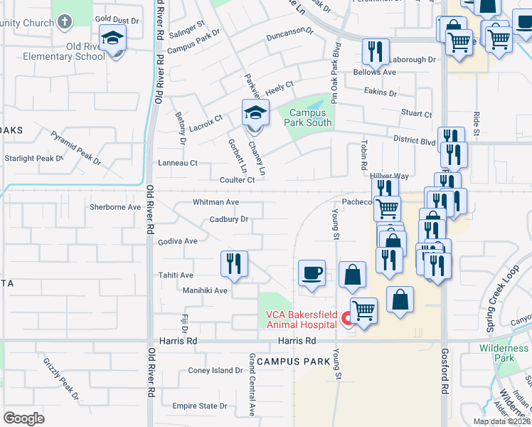 map of restaurants, bars, coffee shops, grocery stores, and more near 9009 Whitman Avenue in Bakersfield