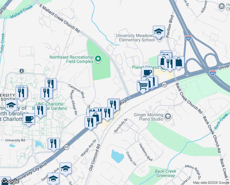 map of restaurants, bars, coffee shops, grocery stores, and more near 11006 Diploma Drive in Charlotte