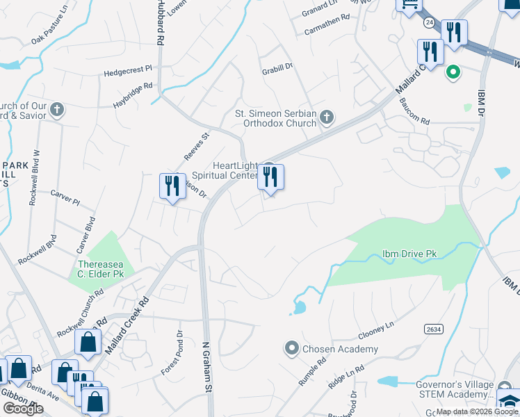 map of restaurants, bars, coffee shops, grocery stores, and more near 7306 Mallard Creek Road in Charlotte
