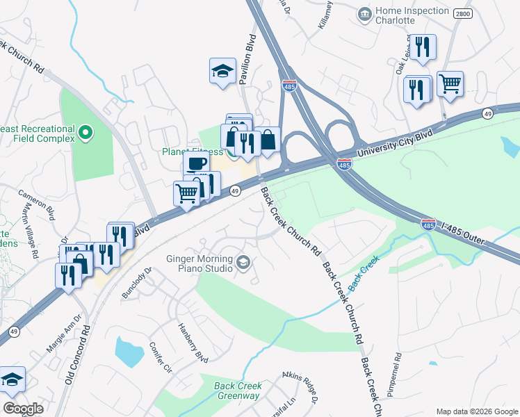 map of restaurants, bars, coffee shops, grocery stores, and more near 1728 Forest Side Lane in Charlotte