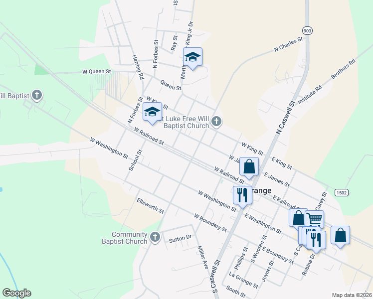 map of restaurants, bars, coffee shops, grocery stores, and more near 101-199 North Charles Street in La Grange