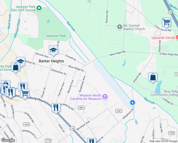 map of restaurants, bars, coffee shops, grocery stores, and more near 462 Blue Ridge Street in Hendersonville