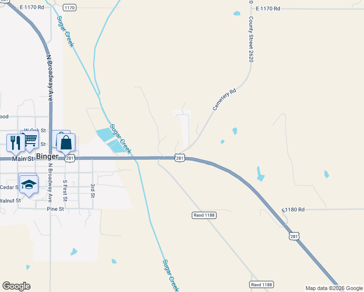 map of restaurants, bars, coffee shops, grocery stores, and more near 101 Sugar Creek Drive in Binger