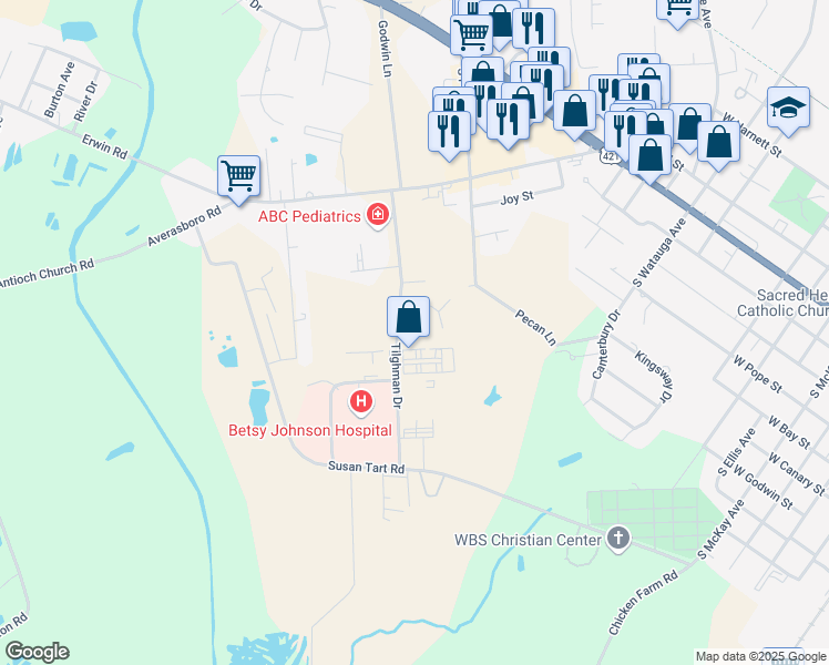 map of restaurants, bars, coffee shops, grocery stores, and more near 605 Tilghman Drive in Dunn