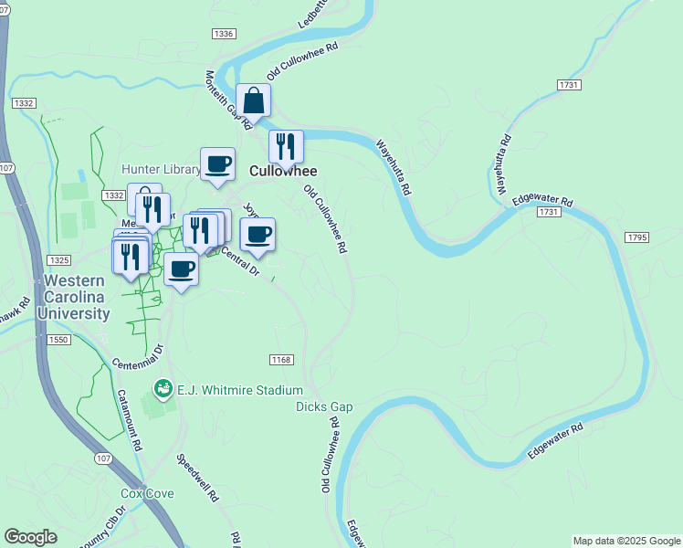 map of restaurants, bars, coffee shops, grocery stores, and more near 3660 Old Cullowhee Road in Cullowhee