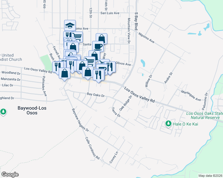 map of restaurants, bars, coffee shops, grocery stores, and more near 1301 Los Osos Valley Road in Baywood-Los Osos