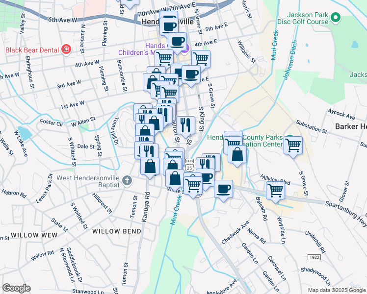 map of restaurants, bars, coffee shops, grocery stores, and more near 447 S Main St in Hendersonville
