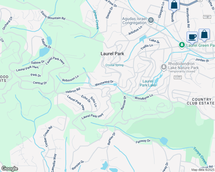 map of restaurants, bars, coffee shops, grocery stores, and more near 11 Cedarbrook Drive in Laurel Park
