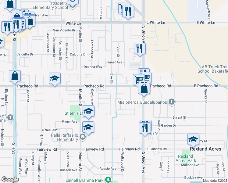 map of restaurants, bars, coffee shops, grocery stores, and more near 401 Pacheco Road in Bakersfield