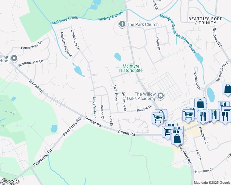 map of restaurants, bars, coffee shops, grocery stores, and more near 5701 Thompson Road in Charlotte