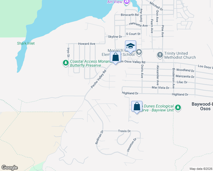 map of restaurants, bars, coffee shops, grocery stores, and more near 246 Vista Court in Baywood-Los Osos