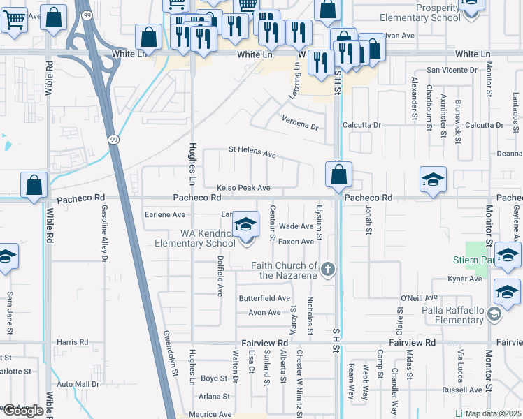 map of restaurants, bars, coffee shops, grocery stores, and more near 2105 Pacheco Road in Bakersfield