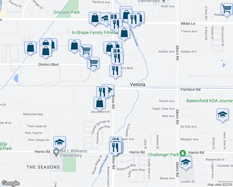 map of restaurants, bars, coffee shops, grocery stores, and more near 4908 Stine Road in Bakersfield