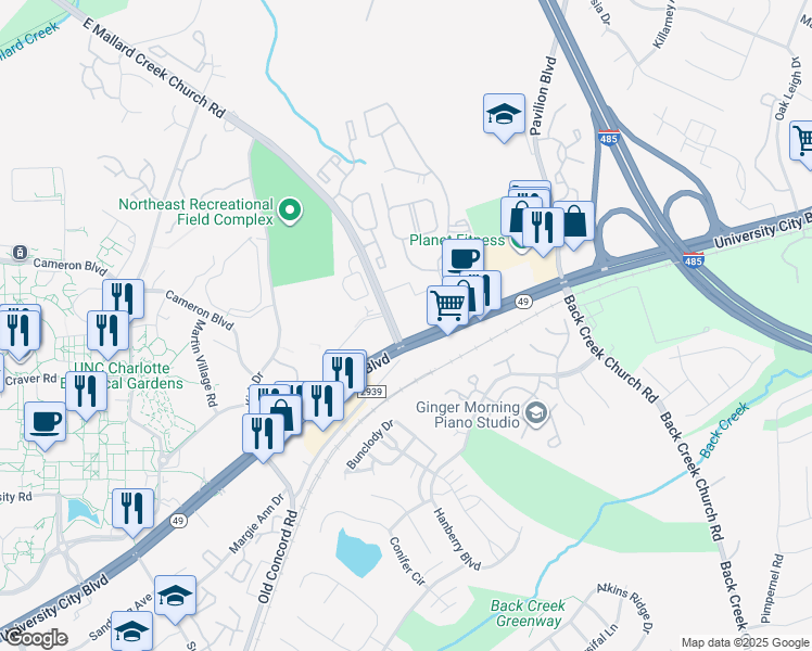 map of restaurants, bars, coffee shops, grocery stores, and more near 1725 Marlynn Drive in Charlotte