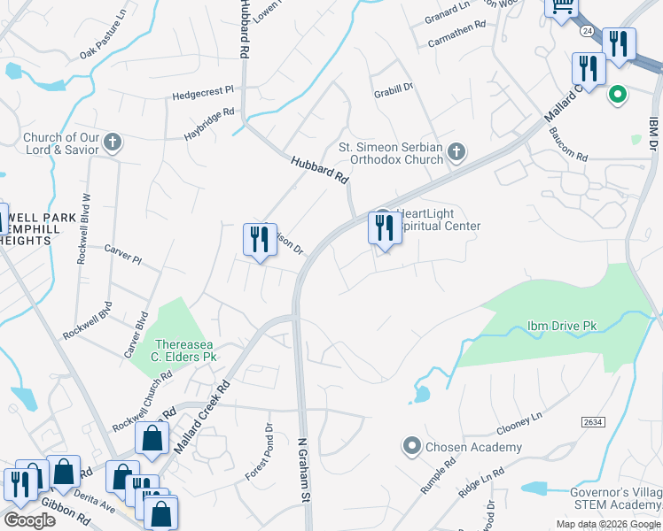 map of restaurants, bars, coffee shops, grocery stores, and more near 7008 Mallard Creek Road in Charlotte