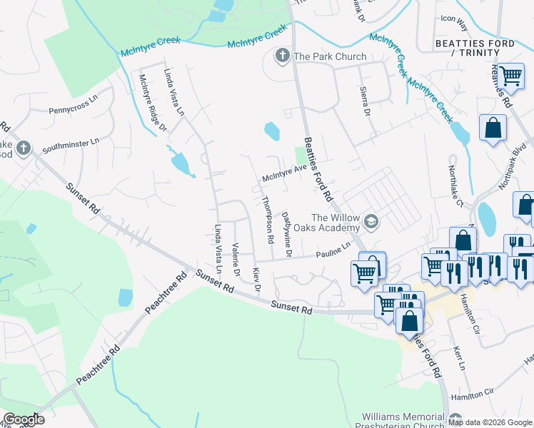 map of restaurants, bars, coffee shops, grocery stores, and more near 5701 Thompson Road in Charlotte