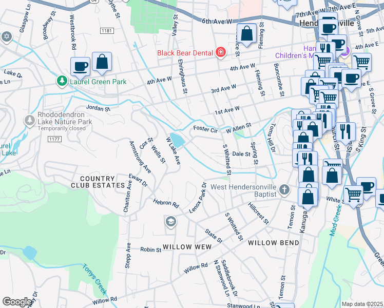 map of restaurants, bars, coffee shops, grocery stores, and more near 954 West Allen Street in Hendersonville