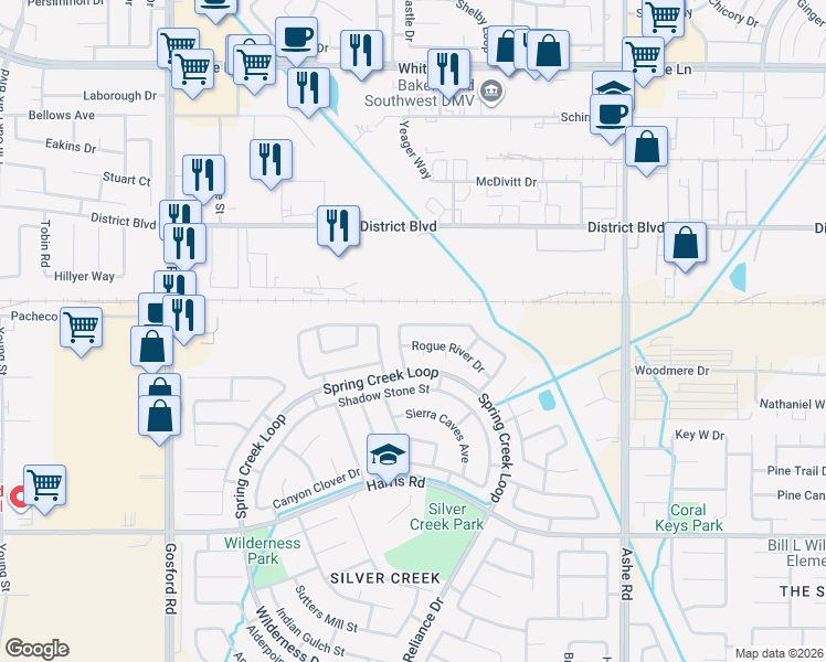 map of restaurants, bars, coffee shops, grocery stores, and more near 7200 Silver Spray Avenue in Bakersfield