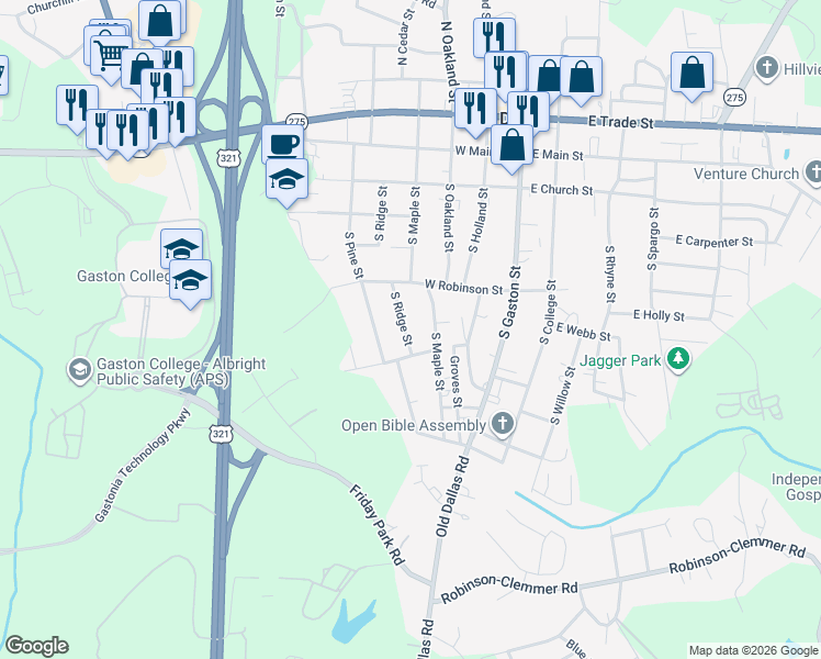 map of restaurants, bars, coffee shops, grocery stores, and more near 420 South Ridge Street in Dallas