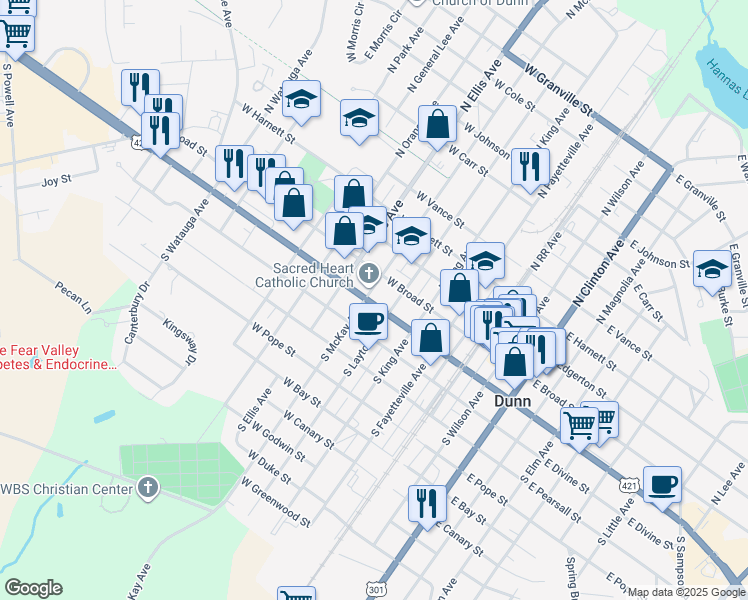 map of restaurants, bars, coffee shops, grocery stores, and more near 408 West Cumberland Street in Dunn