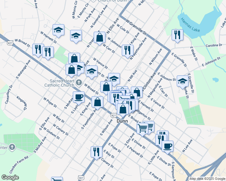 map of restaurants, bars, coffee shops, grocery stores, and more near 106 West Edgerton Street in Dunn