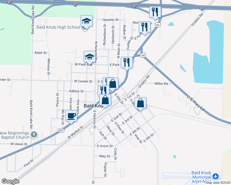 map of restaurants, bars, coffee shops, grocery stores, and more near in Bald Knob
