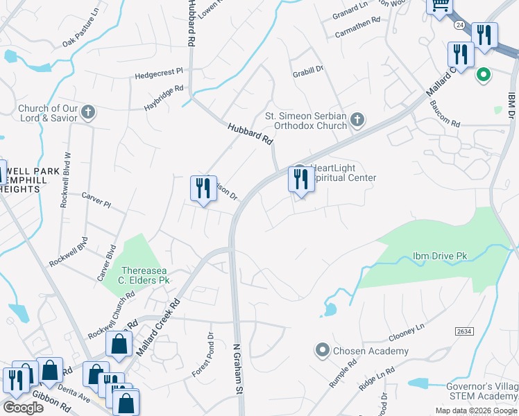 map of restaurants, bars, coffee shops, grocery stores, and more near 7008 Mallard Creek Road in Charlotte