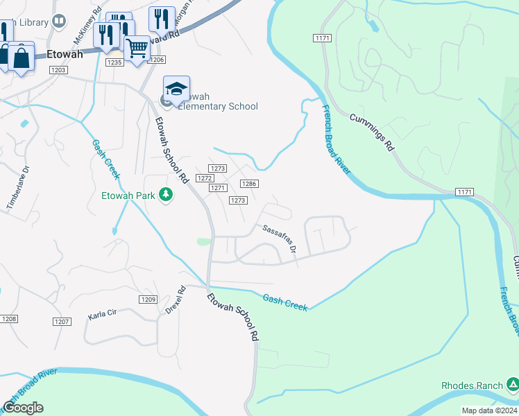 map of restaurants, bars, coffee shops, grocery stores, and more near 159 Beechnut Drive in Hendersonville