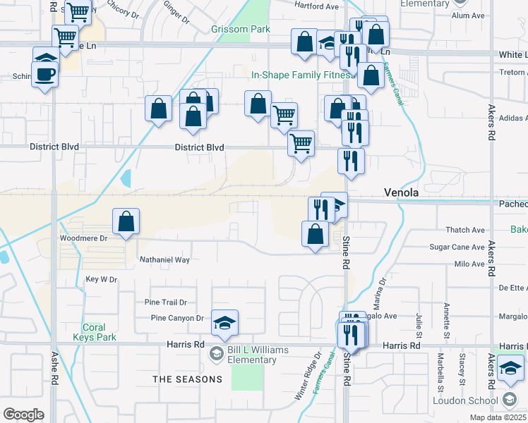 map of restaurants, bars, coffee shops, grocery stores, and more near 4920 Lisa Marie Court in Bakersfield