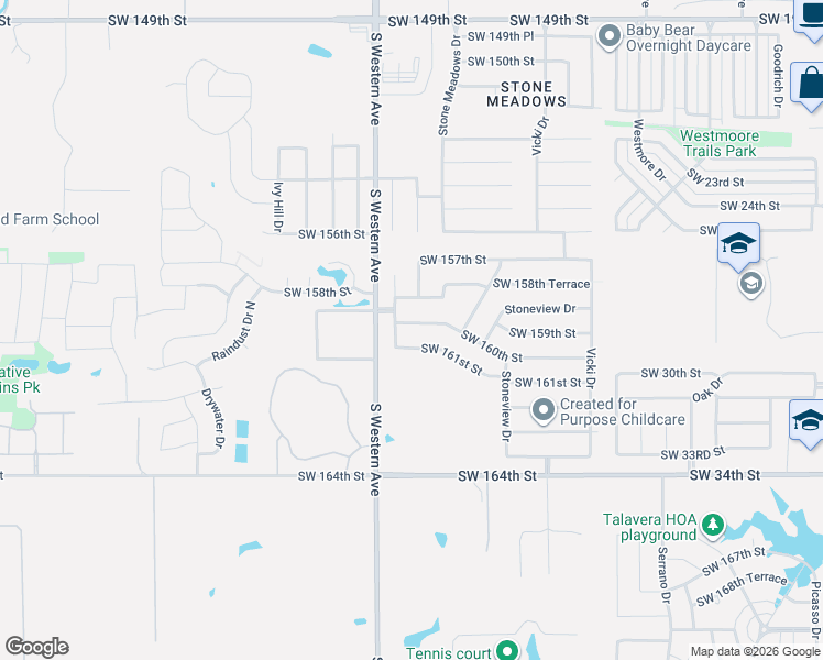 map of restaurants, bars, coffee shops, grocery stores, and more near 816 Southwest 160th Street in Oklahoma City