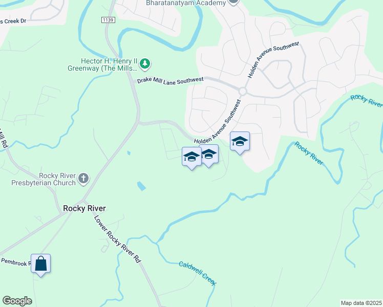 map of restaurants, bars, coffee shops, grocery stores, and more near Griffins Gate Road Southwest in Concord