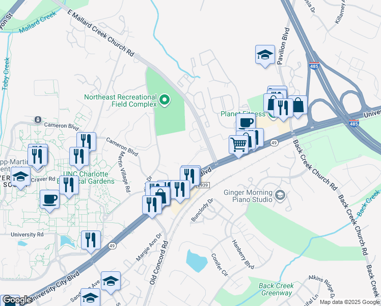 map of restaurants, bars, coffee shops, grocery stores, and more near 11006 Diploma Drive in Charlotte