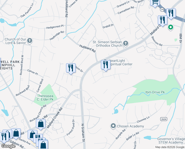 map of restaurants, bars, coffee shops, grocery stores, and more near 7208 Mallard Creek Road in Charlotte
