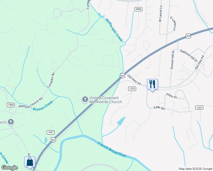 map of restaurants, bars, coffee shops, grocery stores, and more near 7737 Brevard Road in Etowah