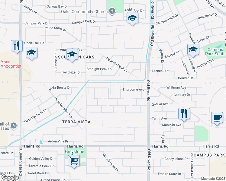 map of restaurants, bars, coffee shops, grocery stores, and more near 10109 Merriweather Drive in Bakersfield
