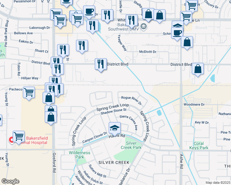 map of restaurants, bars, coffee shops, grocery stores, and more near 4907 Otters Meadow Drive in Bakersfield