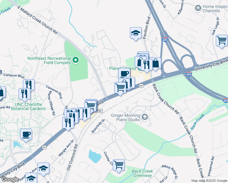 map of restaurants, bars, coffee shops, grocery stores, and more near 1725 Marlynn Drive in Charlotte
